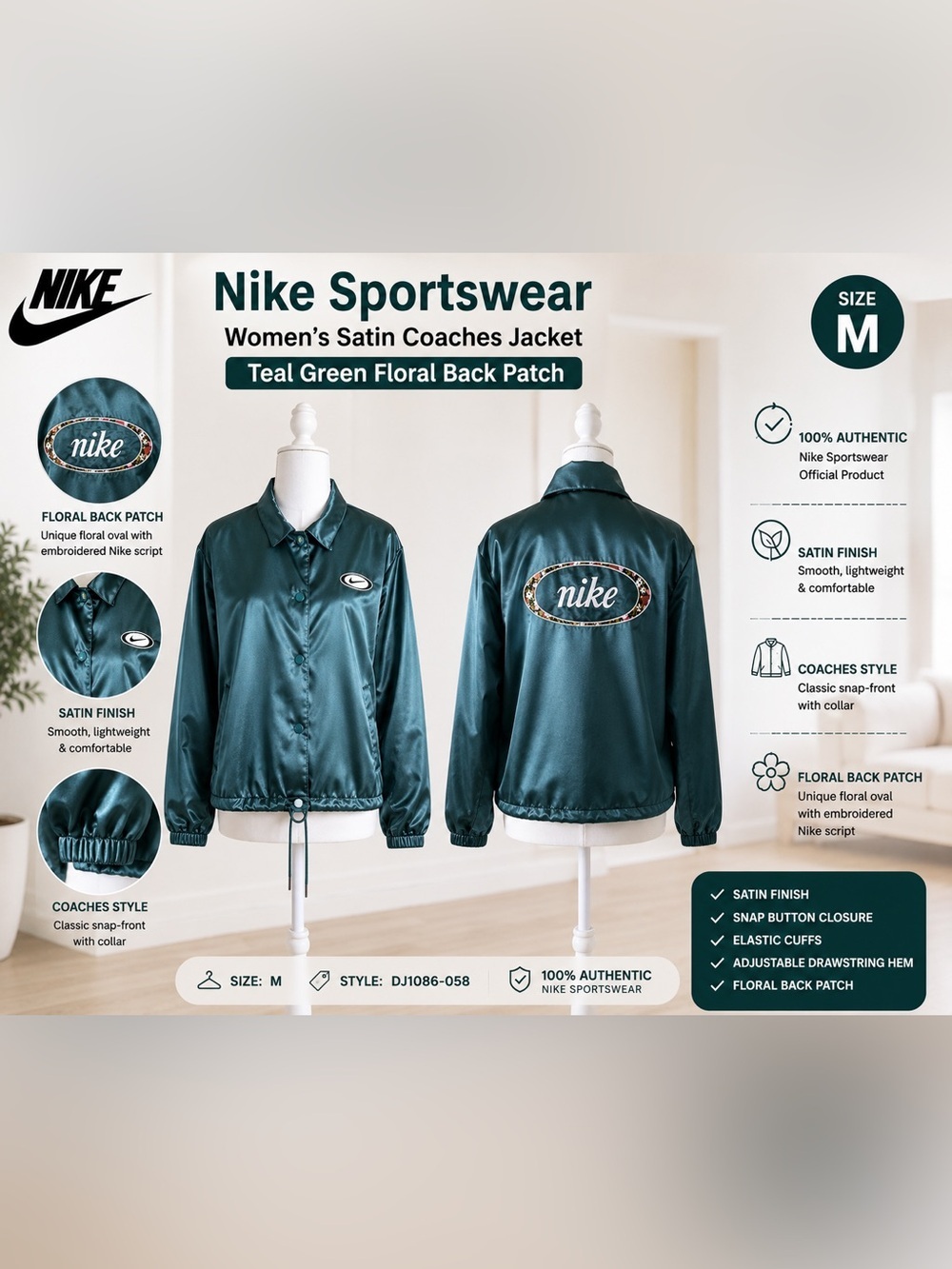 Nike Sportswear Women's Satin Coaches
Jacket Teal Green Floral Back Patch Size M